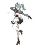  1girl aqua_hair black_gloves black_skirt bow dress drill_hair frills gloves hair_over_one_eye high_heels highres loalo maid maid_headdress medium_hair necktie open_mouth original red_eyes red_neckwear simple_background sketch skirt solo standing thigh_strap white_background white_bow 