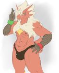  abs anthro athletic biceps blaziken blue_eyes bulge clothing fan_character fur gradient_background half-closed_eyes hand_on_hip looking_at_viewer male nintendo nipples pecs pok&eacute;mon pok&eacute;mon_(species) portrait raised_arm red_fur scuted_arms scutes simple_background solo three-quarter_portrait underwear video_games white_fur yellow_fur yellow_sclera zerofox1000 