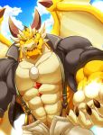  abs anthro biceps bottomwear clothed clothing dragon horn male multicolored_scales muscular muscular_male one_eye_closed open_shirt ophion pecs pendant rujirublkdragon scales scalie solo spikes tokyo_afterschool_summoners topwear two_tone_scales video_games white_scales wings yellow_scales 