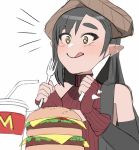  +_+ 1girl absurdres asymmetrical_bangs bangs bare_shoulders big_mac black_hair blush cup drinking_straw elbow_gloves fingerless_gloves food fork gloves hamburger highres knife kumaartsu long_hair monster_girl original simple_background smile solo tongue tongue_out white_background yellow_eyes 
