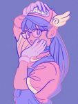  1girl bangs baseball_cap dr._slump glasses gloves hand_on_own_cheek hand_on_own_head hat limited_palette long_hair looking_at_viewer open_mouth pink_headwear pink_shirt print_hat purple_background purple_eyes purple_hair purple_overalls purple_theme shirt short_sleeves solo upper_body uzuta white_gloves 