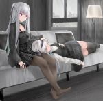  2girls ak-12_(girls_frontline) an-94_(girls_frontline) bangs blonde_hair blush braid breasts cardigan casual closed_mouth couch eyebrows_visible_through_hair eyes_closed feet french_braid girls_frontline hairband hand_on_own_chest highres indoors jewelry lampshade lap_pillow long_hair long_sleeves lying multiple_girls on_couch pendant pillow purple_eyes rain ru_zhai shirt sidelocks silver_hair skirt sleeping smile very_long_hair vest window 