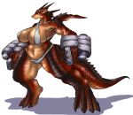  4_fingers 4_toes absurd_res anthro armor biceps big_breasts blue_eyes breasts brown_scales claws clothed clothing dragon female full-length_portrait gauntlets gloves hi_res ketsuneko multicolored_scales muscular muscular_female portrait pose red_scales scales scalie shadow simple_background skimpy tan_scales thick_thighs toes white_background white_clothing wide_hips 