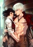  1boy 1girl abs areolae ass_grab black_hair black_skirt blood blood_stain bloody_clothes blue_eyes blush breasts chest dante_(devil_may_cry) devil_may_cry devil_may_cry_3 erection facial_hair fingerless_gloves gloves green_eyes hand_in_pants handjob hetero heterochromia jacket jewelry lady_(devil_may_cry) large_penis looking_at_another medium_breasts muscle necklace nipples no_bra open_fly parted_lips pectorals pendant penis perky_breasts red_jacket revision scar short_hair silver_hair skirt stubble suspenders sweat typo_(requiemdusk) 