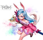  1girl animal_ears arm_up artist_request blue_eyes blue_hair bunny_ears copyright_name dog_tail dress elin_(tera) gloves jewelry leaning_forward long_hair necklace off_shoulder pink_dress print_dress red_gloves sandals short_dress simple_background solo staff standing standing_on_one_leg symbol-shaped_pupils tail tera_online weapon white_background 