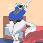  1:1 absurd_res bed big_breasts breasts cybernetics cyborg female hi_res huge_breasts lactating machine nipples open_mouth overweight overweight_female sitting solo stretching thick_thighs tongue tongue_out yawn zeromccall 