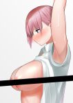  1girl absurdres areolae armpits arms_up bangs bar_censor blue_eyes blush breasts censored closed_mouth collared_shirt commentary_request dress_shirt go-toubun_no_hanayome hair_between_eyes highres large_breasts looking_down nakano_ichika pink_hair shirt shirt_lift short_hair solo sweat torso upper_body white_shirt yinsan_usaki 