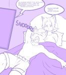  2019 annoyed anthro bed big_breasts breasts canid canine cleavage clothed clothing dialogue english_text eyes_closed female fox fox_mccloud hayakain inside krystal lying male mammal monochrome nintendo on_back open_mouth purple_and_white sketch sleeping snoring speech_bubble star_fox text underwear video_games 