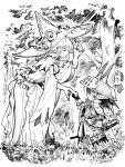  1boy 1girl absurdres ajirogasa breasts cleavage dress forest granblue_fantasy harvin hat highres katana lennah long_dress mephist-pheles monochrome nature pointy_ears sevilbarra size_difference smile sword traditional_media weapon witch_hat 