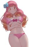  1girl aikatsu!_(series) aikatsu_friends! arm_at_side arm_behind_back bangs bikini blue_bow blunt_bangs blush bow bow_bikini breasts closed_mouth collarbone curly_hair eyebrows_visible_through_hair from_below frown furrowed_eyebrows gradient_hair groin hair_bow hair_over_shoulder hand_on_own_stomach highres large_breasts legs_together long_hair looking_at_viewer mukuba multicolored_hair navel orange_eyes orange_hair pink_bikini pink_hair plaid plaid_bow simple_background swimsuit thick_thighs thighs two-tone_hair underboob white_background yuuki_aine 
