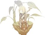  1girl abara_heiki blonde_hair blue_eyes boots final_fantasy final_fantasy_xiv holding holding_staff plant pointy_ears robe sitting solo staff white_background 