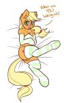  applejack_(mlp) blush butt clothing dialogue embarrassed equid equine female feral freckles friendship_is_magic fur hi_res horse legwear looking_at_viewer lying mammal my_little_pony neoncel on_back orange_fur pony pussy socks solo striped_legwear striped_socks stripes text 