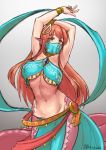  1girl arabian_clothes arms_up artist_name bandeau bracelet breasts cleavage commentary commission cosplay curvy dancer english_commentary eyebrows_visible_through_hair finalcake gerudo gerudo_link gerudo_link_(cosplay) grey_background hair_between_eyes hair_ornament hairclip halterneck highres jewelry lamia large_breasts long_hair looking_at_viewer midriff miia_(monster_musume) monster_girl monster_musume_no_iru_nichijou navel necklace nintendo parted_lips pelvic_curtain pointy_ears red_hair scales simple_background sketch slit_pupils solo tail the_legend_of_zelda the_legend_of_zelda:_breath_of_the_wild veil very_long_hair yellow_eyes 