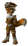  anthro blue_eyes boots canid canine clothing dipstick_tail dungeon_defenders fangs female footwear fox hair hands_behind_back looking_at_viewer mammal military_uniform multicolored_tail official_art peaked_cap smile solo uniform unknown_artist white_hair 
