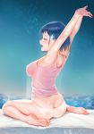  1girl absurdres arms_up ass back barefoot blue_hair breasts butt_crack eyes_closed full_body hair_ornament highres medium_breasts open_mouth original panties qizhu short_hair sitting sky sleeveless solo star_(sky) starry_sky stretched_limb underwear wariza white_panties yawning 