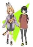  2girls :3 alternate_costume animal_ear_fluff animal_ears backpack bag bangs black_eyes black_gloves black_hair black_legwear blonde_hair casual commentary_request extra_ears eyebrows_visible_through_hair full_body gloves hair_between_eyes hand_holding hat holding_strap jacket kaban_(kemono_friends) kemono_friends leggings long_sleeves looking_at_viewer multiple_girls print_bag red_shirt serval_(kemono_friends) serval_ears serval_print serval_tail shirt short_hair simple_background sleeves_past_wrists smile sumida00rio tail white_background yellow_eyes 