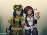  2girls artist_name asui_tsuyu bangs black_eyes black_hair blush bodysuit boku_no_hero_academia breasts brown_eyes brown_hair collaboration cowboy_shot frog_girl goggles goggles_on_head green_bodysuit greenpantsu hair_between_eyes hands_up large_breasts long_hair long_tongue looking_at_viewer medium_breasts multiple_girls pill6w short_hair smile tongue tongue_out uraraka_ochako very_long_tongue 