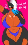  absurd_res anthro big_breasts bikini breasts canid canine clothing collar curvaceous female hi_res huge_breasts lipstick makeup mammal phone selfie solo spiked_collar spikes swimwear thick_thighs wide_hips zeromccall 