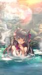  black_hair bow bow_choker brown_eyes character_request copyright_request cross finger_to_mouth garden hair_bow highres long_hair onsen onsoku_maru swimsuit 