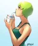  1girl artist_name bare_shoulders breasts cleavage drink drinking_straw foo_fighters gradient gradient_background green_hair highres jojo_no_kimyou_na_bouken overalls pill6w profile short_hair sleeveless solo stone_ocean sweatdrop upper_body 