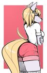  5_fingers anthro biped black_nose blonde_hair blonde_tail border breasts butt canid canine canis claws clothing digital_media_(artwork) domestic_dog ear_piercing female fluffy fluffy_tail fur grey_ears grey_fur hair hi_res long_tail looking_at_viewer looking_back mammal piercing pink_background portrait purple_eyes shirt shorts simple_background smile smirk solo t-shirt three-quarter_portrait topwear white_border zkelle 