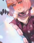  1girl blush breath character_request close-up commentary copyright_request glo-s-s gloves grin highres lips pink_hair purple_eyes scarf short_hair smile snowman solo winter winter_clothes 