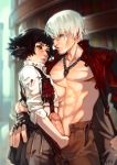  1boy 1girl abs areolae black_hair black_skirt blood blood_stain bloody_clothes blue_eyes breasts chest dante_(devil_may_cry) devil_may_cry devil_may_cry_3 erection fingerless_gloves gloves green_eyes handjob hetero heterochromia jacket jewelry lady_(devil_may_cry) looking_at_another medium_breasts muscle necklace nipples open_fly parted_lips pectorals penis perky_breasts red_jacket scar short_hair silver_hair skirt suspenders sweat typo_(requiemdusk) 