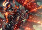  1boy alternate_form blurry blurry_background claws dante_(devil_may_cry) demon_boy devil_may_cry devil_may_cry_5 embers fangs glowing glowing_eyes glowing_hair horns hotaruika_niji looking_to_the_side midair monster_boy multiple_wings red_eyes sin_devil_trigger solo spiked_hair spikes wings 