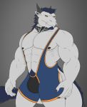  absurd_res anthro bulge clothing dragon facial_hair goatee hair hi_res horn male muscular muscular_male nipple_piercing nipple_ring nipples pecs piercing pubes solo tigerfur tight_clothing wrestling_singlet 