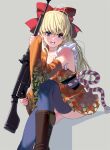  1girl antenna_hair bangs blonde_hair blue_eyes blue_legwear boots bow breasts commentary_request cowboy_boots detached_sleeves eyebrows_visible_through_hair food fruit grey_background gun hair_bow highres holding holding_gun holding_weapon invisible_chair japanese_clothes kimono looking_at_viewer masao medium_breasts mole mole_under_eye obi open_mouth orange orange_kimono orange_slice original over_shoulder red_bow rifle rope sash shimenawa sitting solo thighhighs thighs weapon weapon_over_shoulder weapon_request wide_sleeves 