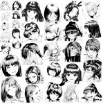  6+girls animal_ears bangs blush bob_cut bunny_ears character_request copyright_request eyebrows_visible_through_hair fake_animal_ears highres long_hair looking_at_viewer monochrome multiple_girls orushibu ponytail short_hair simple_background smile twintails white_background 