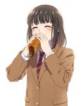  1girl black_hair blazer blush chocolate_cornet eating eyes_closed food holding holding_food jacket mattaku_mousuke medium_hair necktie original school_uniform solo striped striped_neckwear white_background 