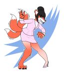  2018 3_tails anthro artist-chan black_hair breasts canid canine clothing female footwear fox green_eyes hair high_heels human_to_anthro mammal multi_tail shoes simple_background skirt smile solo species_transformation standing transformation 