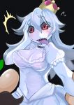  1boy 1girl absurdres black_background blush breasts choker cleavage facial_hair ghost highres luigi mario_(series) monster_girl mustache new_super_mario_bros._u_deluxe nintendo princess_king_boo red_eyes ruu_bot sharp_teeth simple_background super_crown teeth tongue tongue_out white_skin 