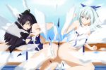  2girls absurdres alfred_cullado ass-to-ass black_bow black_hair blake_belladonna blue_bow blue_eyes blue_sky blue_swimsuit bow breasts clenched_teeth collarbone competition_swimsuit crossover day fighting floating_hair from_side hair_between_eyes hair_bow highres keijo!!!!!!!! long_hair medium_breasts miyata_sayaka multiple_girls nipples one-piece_swimsuit outdoors paid_reward patreon_reward rwby silver_hair sky small_breasts swimsuit teeth torn_clothes torn_swimsuit white_swimsuit yellow_eyes 