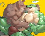  5:4 anthro biceps big_bulge big_muscles blush bulge canid canine canis claws clothing crocodile crocodilian crocodylid duo eyes_closed hi_res holding_head imminent_kiss incest jackal japanese_text league_of_legends male male/male mammal mostly_nude muscular muscular_male nasus_(lol) open_mouth pecs renekton reptile riot_games scalie sweat text thong underwear video_games vorusuarts 