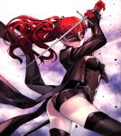  1girl artist_request ass black_legwear blazer bow breasts hair_bow jacket large_breasts leotard long_hair looking_at_viewer mask persona persona_5 persona_5_the_royal ponytail red_bow red_eyes red_hair simple_background smile solo sword thighhighs weapon yoshizawa_kasumi 