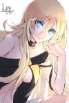  1girl arm_ribbon black_ribbon blonde_hair blue_eyes breasts character_name collar collarbone eyebrows_visible_through_hair hair_between_eyes highres lily_(vocaloid) long_hair looking_at_viewer medium_breasts miniskirt off_shoulder parted_lips ribbon simple_background sitting sketch skirt sleeveless smile solo underboob very_long_hair vocaloid white_background white_skirt yuuki_kira 