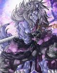  blue_fur canid canine canis clothed clothing eye_markings folgo_justice_fur_hire fur grey_hair hair katana konami looking_at_viewer male mammal markings melee_weapon multicolored_fur muscular sakura solo sword two_tone_fur weapon white_fur wolf yellow_sclera yu-gi-oh 
