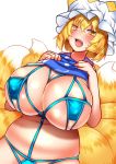  1girl areolae blonde_hair breasts breasts_outside cleavage heart heart-shaped_pupils huge_breasts long_hair nipples smile solo symbol-shaped_pupils touhou wildcat_(kusonemi) yakumo_ran yellow_eyes 
