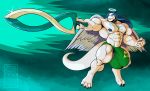  anthro bulge clothed clothing collar dragon feathered_wings feathers huge_bulge male melee_weapon muscular muscular_male nipple_piercing nipples pecs piercing siriusdog solo sword thick_thighs topless underwear weapon wings 