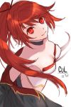  1girl breasts cleavage collarbone cul eyebrows_visible_through_hair floating_hair highres long_hair looking_at_viewer medium_breasts ponytail red_eyes red_hair shiny shiny_hair simple_background sketch smile solo strapless upper_body very_long_hair vocaloid white_background yuuki_kira 