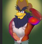  2017 anthro avian balls beak beard bird captain_rockhopper clothed clothing club_penguin conjoined_eyes digital_media_(artwork) erection eyebrows facial_hair flexing hat headgear headwear humanoid_penis looking_at_viewer male muscular partially_clothed penguin penis pirate seyrmo smile solo standing vein veiny_penis 