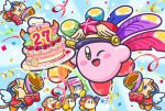 ;d anniversary birthday_cake blue_background cake channel_ppp confetti copy_ability festival_bird food kirby kirby_(series) nintendo no_humans notepad official_art one_eye_closed open_mouth outline party_popper plate smile streamers waddle_dee white_outline 