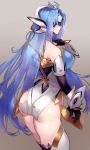  1girl android ass blue_hair breasts eyebrows_visible_through_hair forehead_protector from_behind gloves kos-mos large_breasts long_hair looking_at_viewer looking_back negresco shiny shiny_hair shiny_skin simple_background solo standing thighhighs xenosaga 