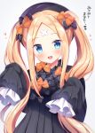  1girl abigail_williams_(fate/grand_order) bangs black_bow black_dress black_headwear blonde_hair blue_eyes blush bow commentary_request crossed_bandaids dress eyebrows_visible_through_hair fate/grand_order fate_(series) forehead grey_background hair_between_eyes hair_bow heart highres long_hair looking_at_viewer masayo_(gin_no_ame) open_mouth orange_bow parted_bangs polka_dot polka_dot_bow purple_bow simple_background sleeves_past_fingers sleeves_past_wrists smile solo spoken_heart translation_request upper_body very_long_hair 