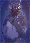  anthro antlers capreoline censored cervid flower hi_res horn looking_at_viewer male mammal nude plant pubes reindeer requiembeatz slightly_chubby solo standing 