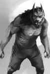  2016 anthro canid canine clothed clothing digital_media_(artwork) fangs fur glare goosebumps_(movie) hi_res looking_at_viewer male malorne mammal monochrome shorts simple_background solo teeth topless were werecanid werecanine werewolf werewolf_of_fever_swamp 