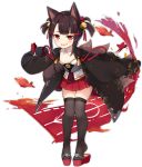  1girl akagi-chan_(azur_lane) akagi_(azur_lane) animal_ears azur_lane bell black_legwear blush boqboq breasts brown_hair eyebrows_visible_through_hair fang fox_ears fox_girl fox_tail hair_bell hair_ornament japanese_clothes jingle_bell kyuubi multiple_tails official_art open_mouth pleated_skirt red_eyes red_skirt skin_fang skindentation skirt small_breasts smile smug solo tail thighhighs twintails younger 