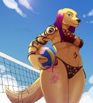  2019 anthro beach bikini breasts canid canine canis clothed clothing domestic_dog female hi_res looking_at_viewer mammal melamoryblack outside seaside solo sport standing swimwear volleyball wide_hips 